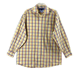 Tommy Hilfiger Shirt Mens Size 16.5 32-33‎ Yellow Orange Blue Plaid Button Down